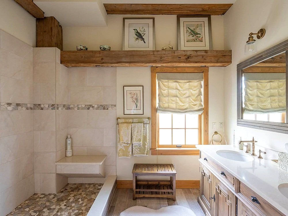 Portsmouth barn bathroom with timber beams walk-in shower and wood vanity