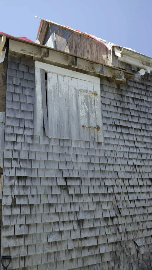 Peeling paint on a small barn hatch door below stripped roof framing and red underlayment