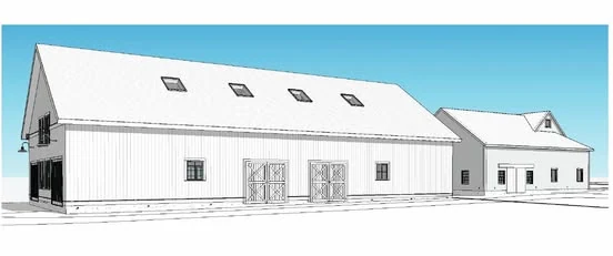 Line-art front elevation of the new Ragged Island Brewing event barn